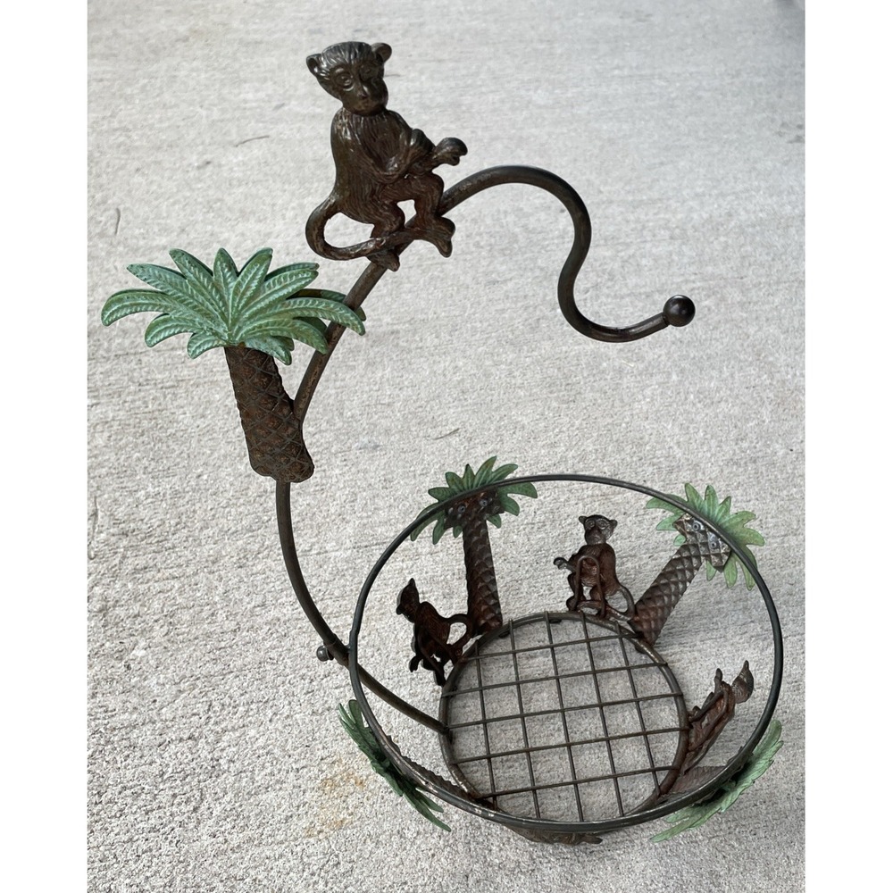 Bronze Tone & Green Metal Monkey With Palm Trees Fruit Basket Bowl Banana Hanger